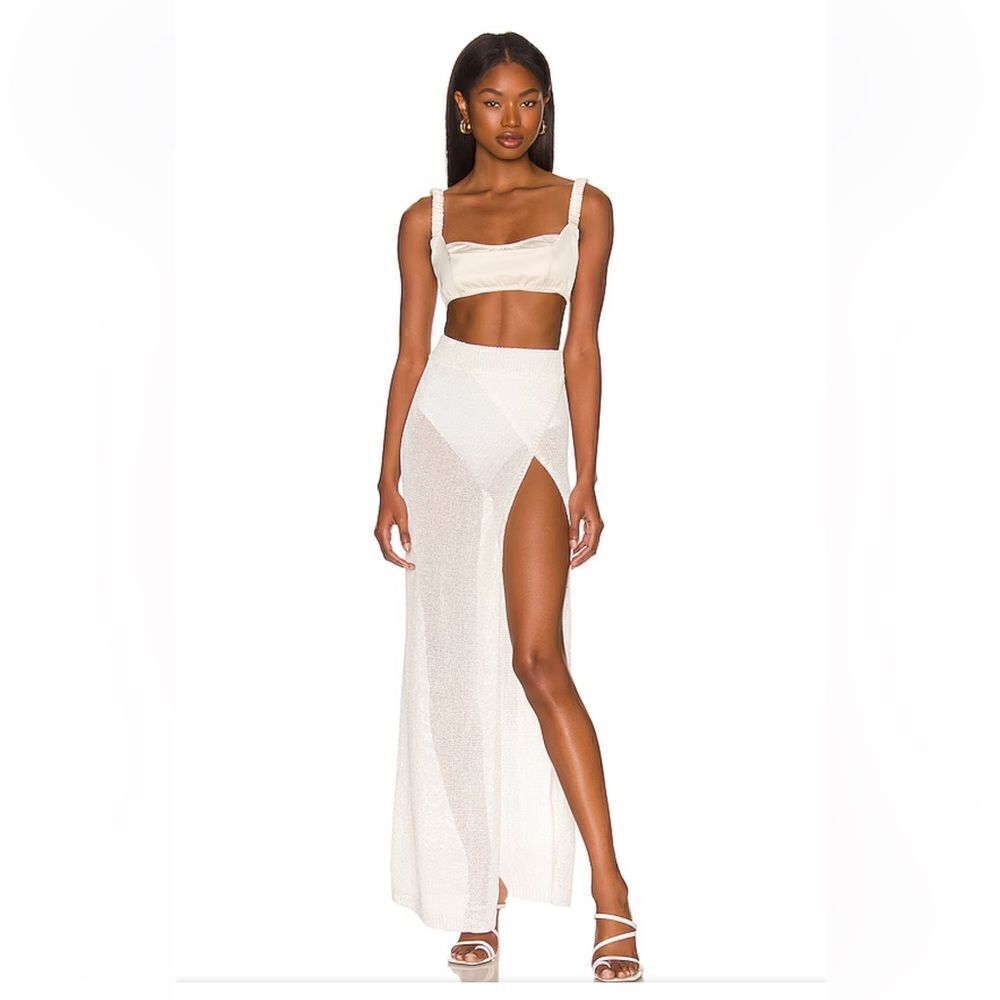 NWT Superdown Keva Maxi Skirt white metallic knit high slit sheer swim Revolve M